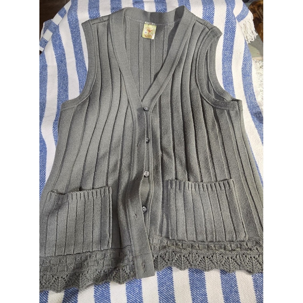 Vintage Tejidos Yasmin Gray Knit Cardigan Vest Sleeveless Pockets Women's M